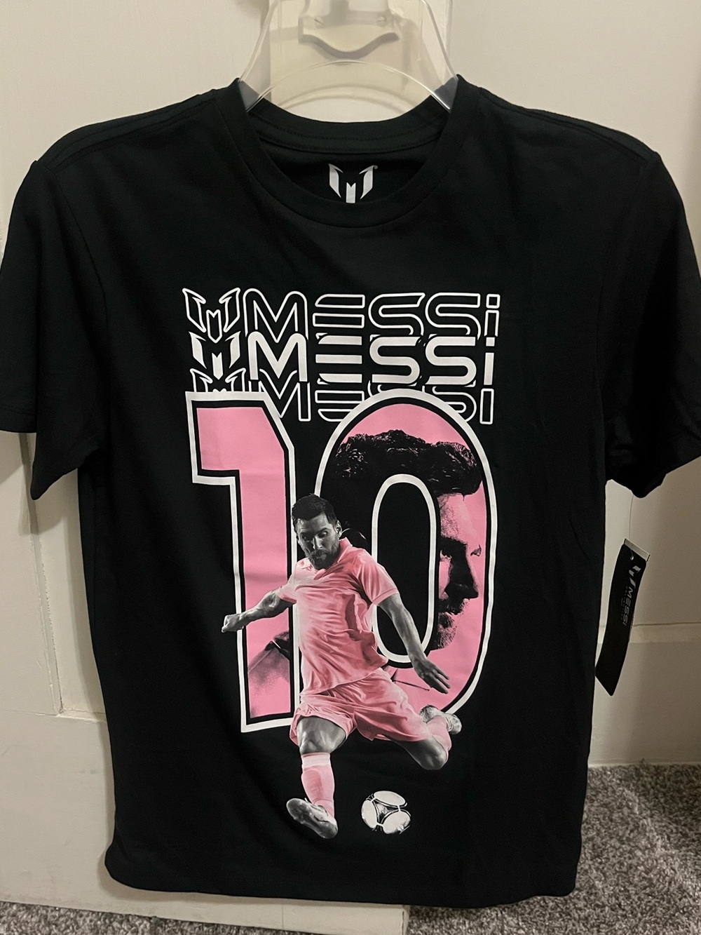 Boy’s Messi Collection Black Short Sleeve Tee with Pink Graphic - Size XL